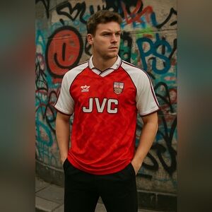 1991 Arsenal Adidas Red and White Soccer Jersey with JVC Logo